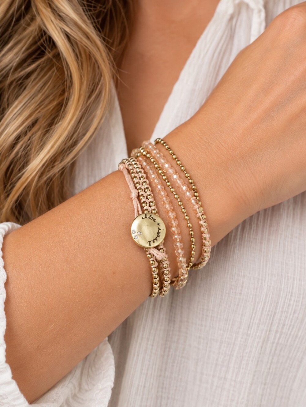 Chloe & ISABEL Pink Macrame Gold Beaded Necklace Wrap Bracelet